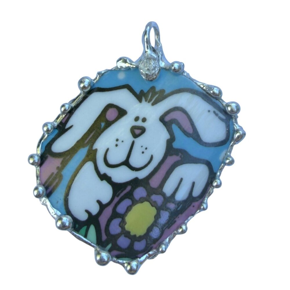 Handmade Easter Bunny Pendant With Silver-Blend Frame Made From Vintage Royal No - Picture 9 of 15